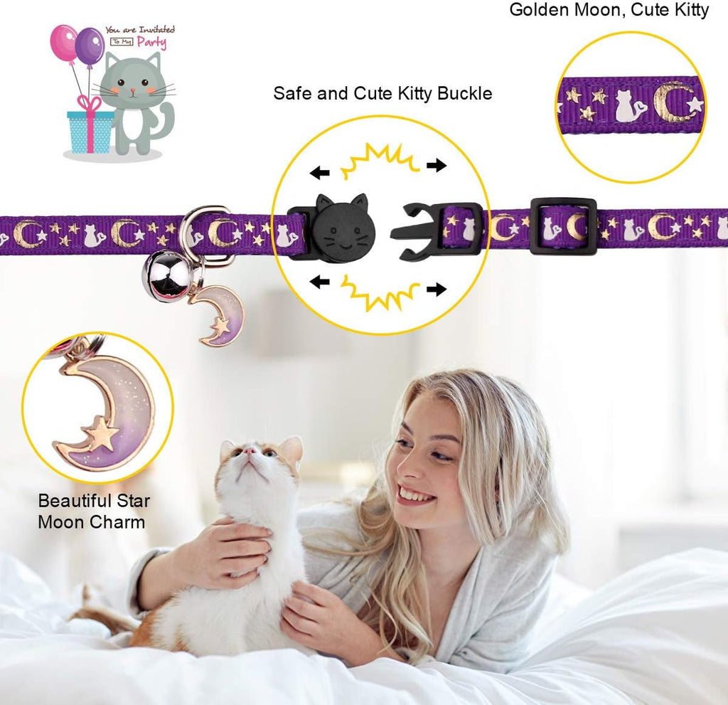 Super Cute Breakaway Cat Collars - Glow in the Dark Moons & Stars! 🌙✨ Adjustable & Safe for Your Adorable Kittens (2 Pack: Purple & Pink) 🐾💖