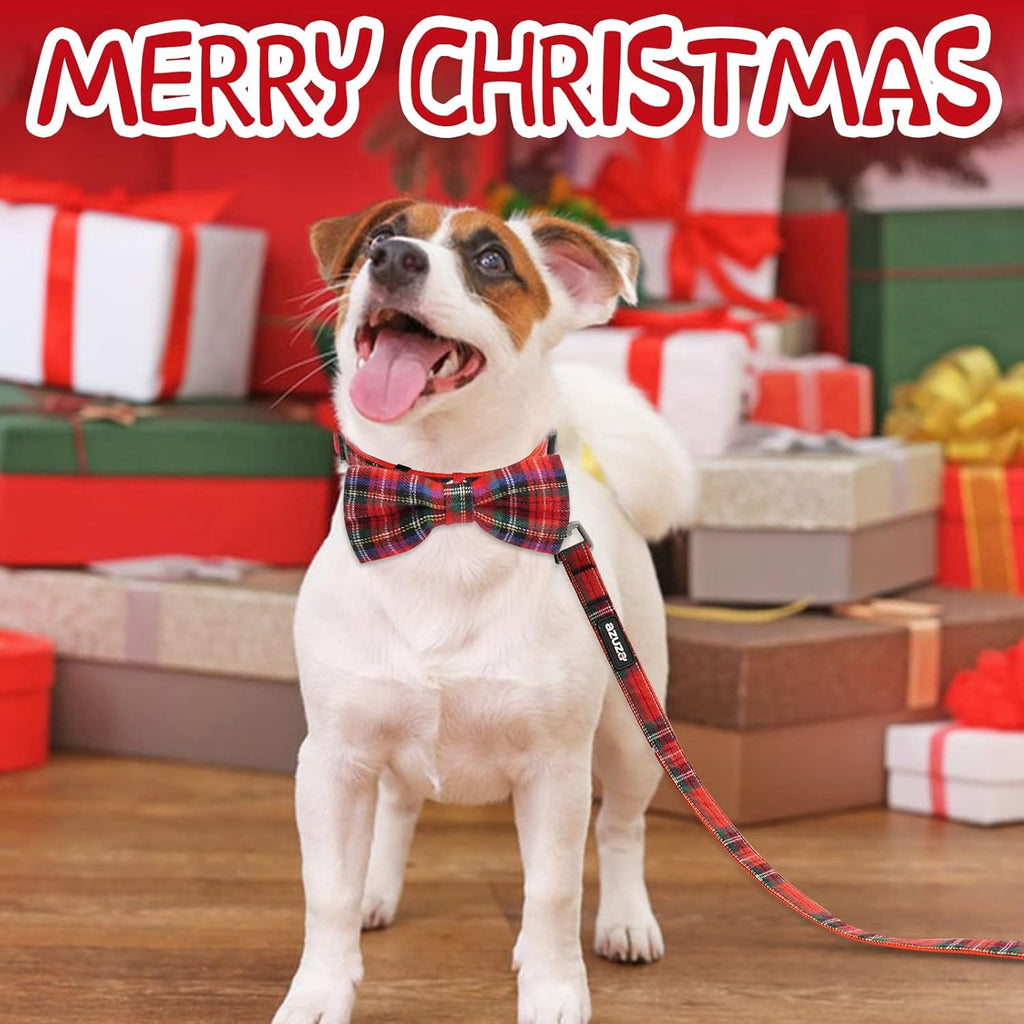 Christmas Buffalo Dog Collar and Leash Set, Classic Plaid Collar with Removable Bowtie and Matching Leash for Medium Dogs