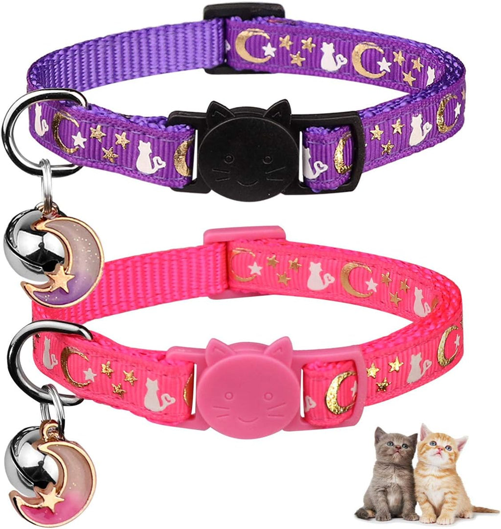 Super Cute Breakaway Cat Collars - Glow in the Dark Moons & Stars! 🌙✨ Adjustable & Safe for Your Adorable Kittens (2 Pack: Purple & Pink) 🐾💖