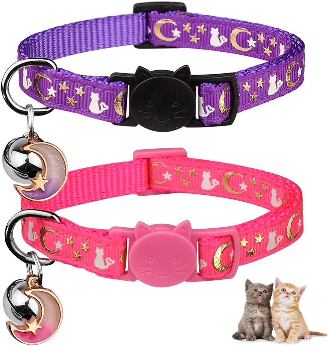 Super Cute Breakaway Cat Collars - Glow in the Dark Moons & Stars! 🌙✨ Adjustable & Safe for Your Adorable Kittens (2 Pack: Purple & Pink) 🐾💖