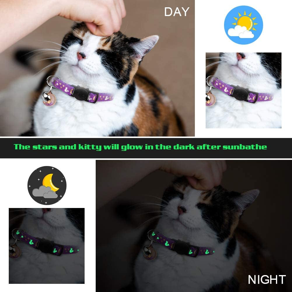 Super Cute Breakaway Cat Collars - Glow in the Dark Moons & Stars! 🌙✨ Adjustable & Safe for Your Adorable Kittens (2 Pack: Purple & Pink) 🐾💖