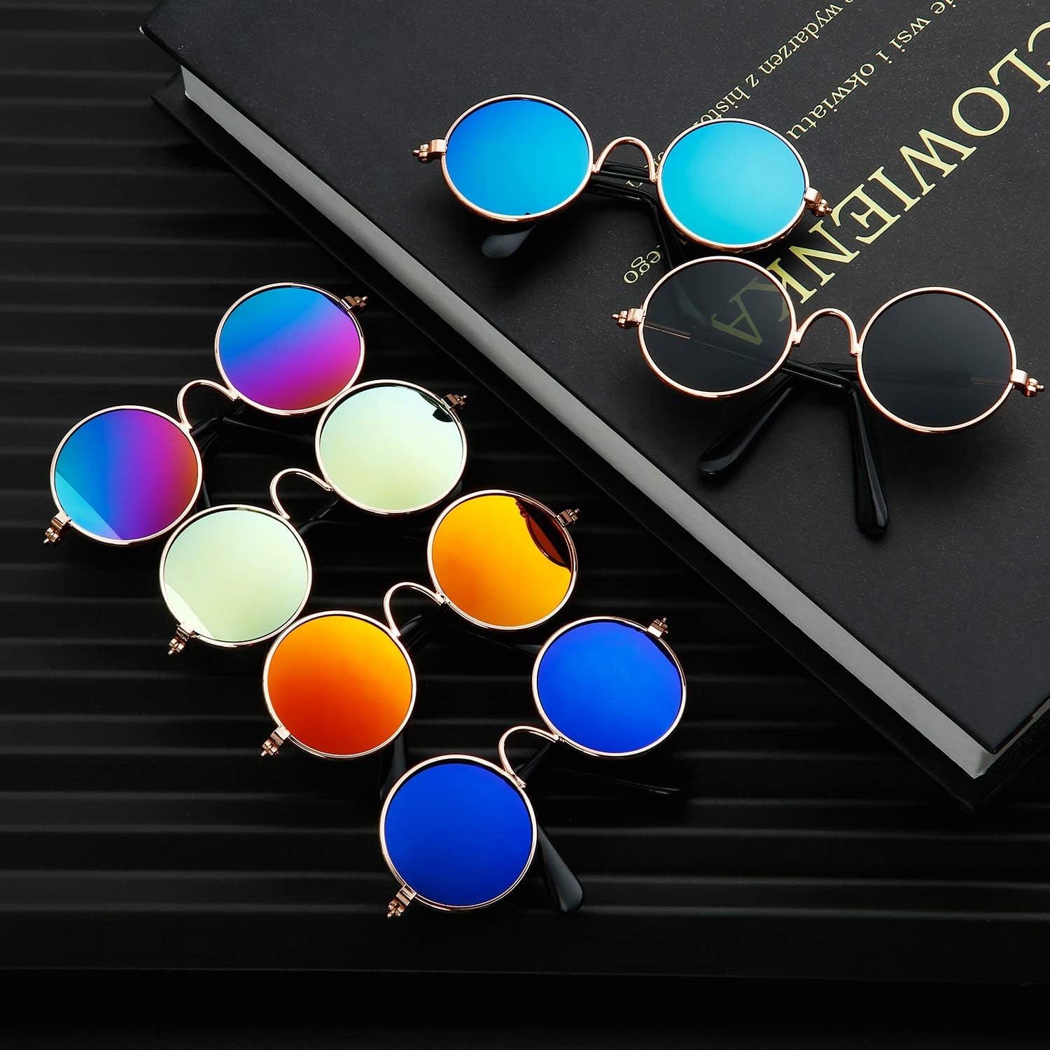 6 Pieces Cat Sunglasses Funny Pet Sunglasses Small Dog Sunglasses Classic Retro Circular Pomeranian Sunglasses Eyewear Photos Props Accessories Cosplay Glasses Black and Mix Reflective Color
