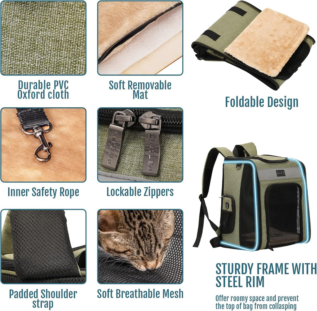 Cat Backpack Carrier with Soft Plush Mat, Cross Ventilation Design, Dog Backpack Easy Fit for Travel Camping Hiking, Hold Pets up to 22 Lbs