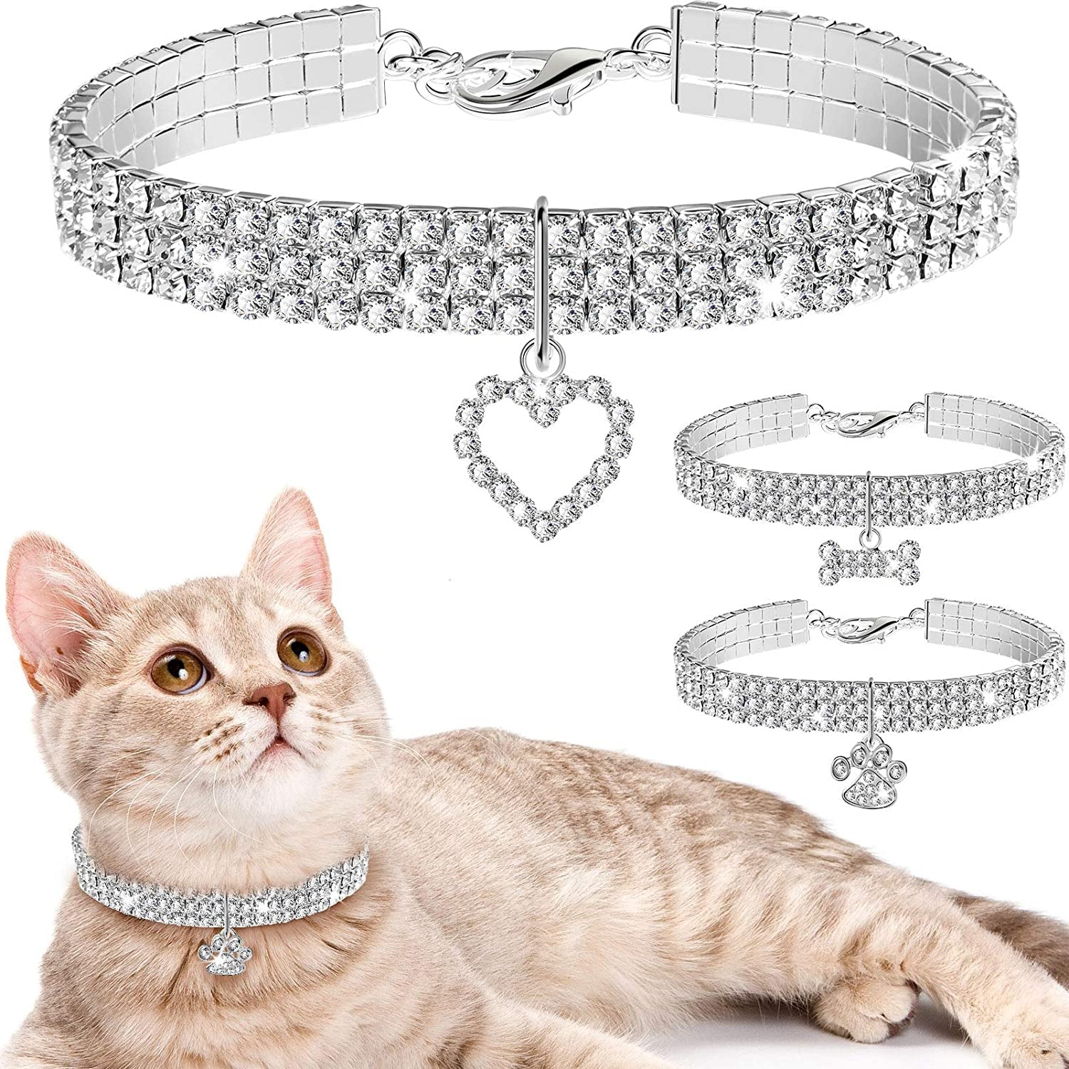 Sparkle in Style! ✨💖 3-Piece Bling Rhinestone Pet Collars with Adjustable Crystal Pendants for Your Adorable Dogs & Cats! 🐾💕 Perfect for Small Pets!