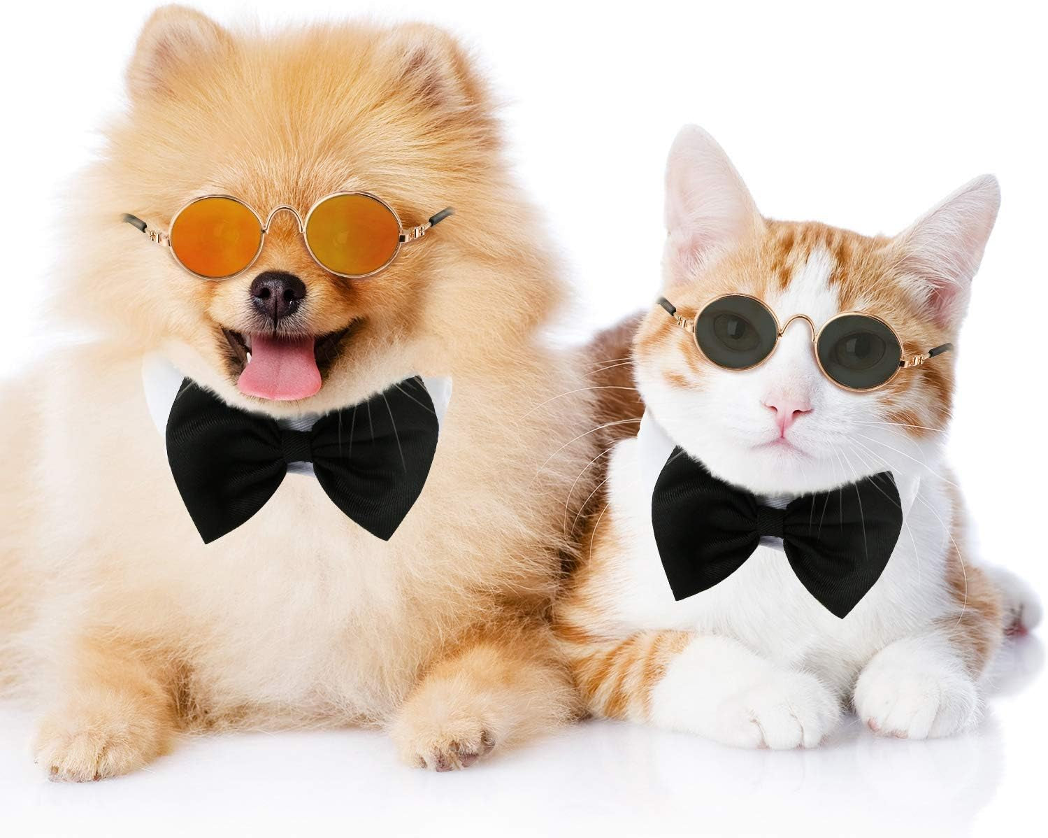 6 Pieces Cat Sunglasses Funny Pet Sunglasses Small Dog Sunglasses Classic Retro Circular Pomeranian Sunglasses Eyewear Photos Props Accessories Cosplay Glasses Black and Mix Reflective Color