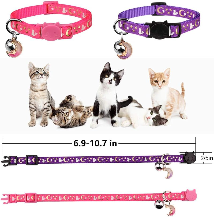 Super Cute Breakaway Cat Collars - Glow in the Dark Moons & Stars! 🌙✨ Adjustable & Safe for Your Adorable Kittens (2 Pack: Purple & Pink) 🐾💖